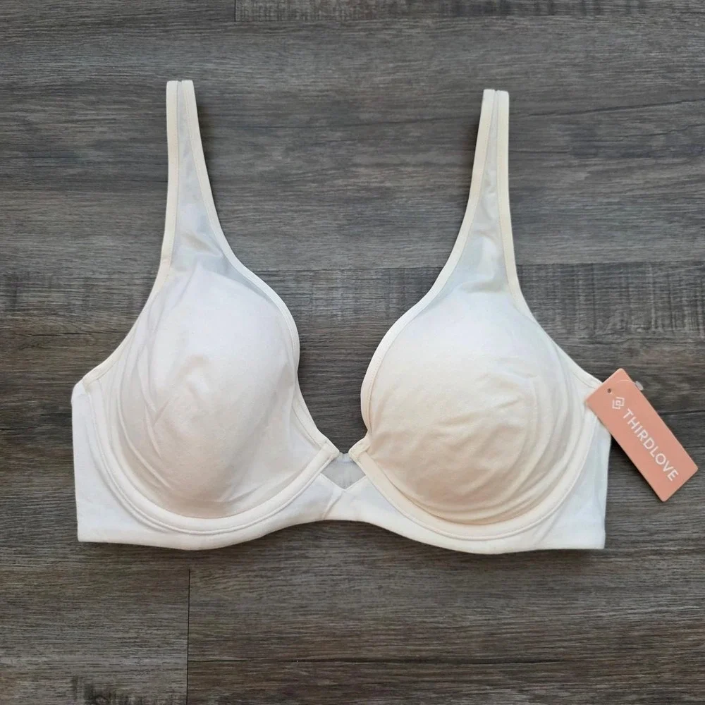 ThirdLove 24/7 Cotton Plunge Bra Sea Salt Cream Off White 34C 1/2 NWT